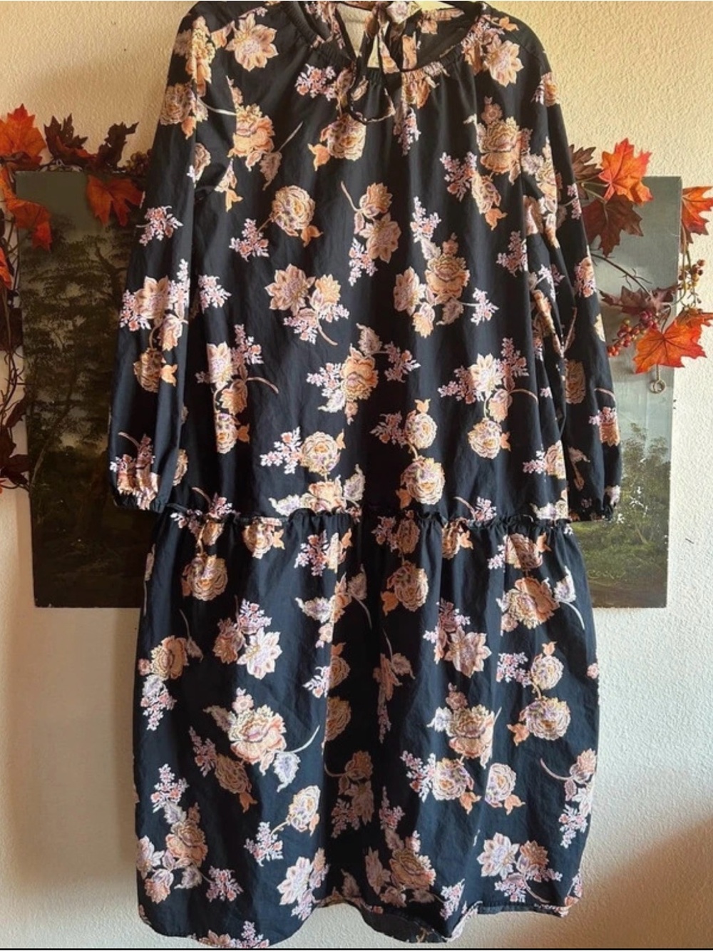 Floral Tie-Neck Black Tiered Midi Dress
